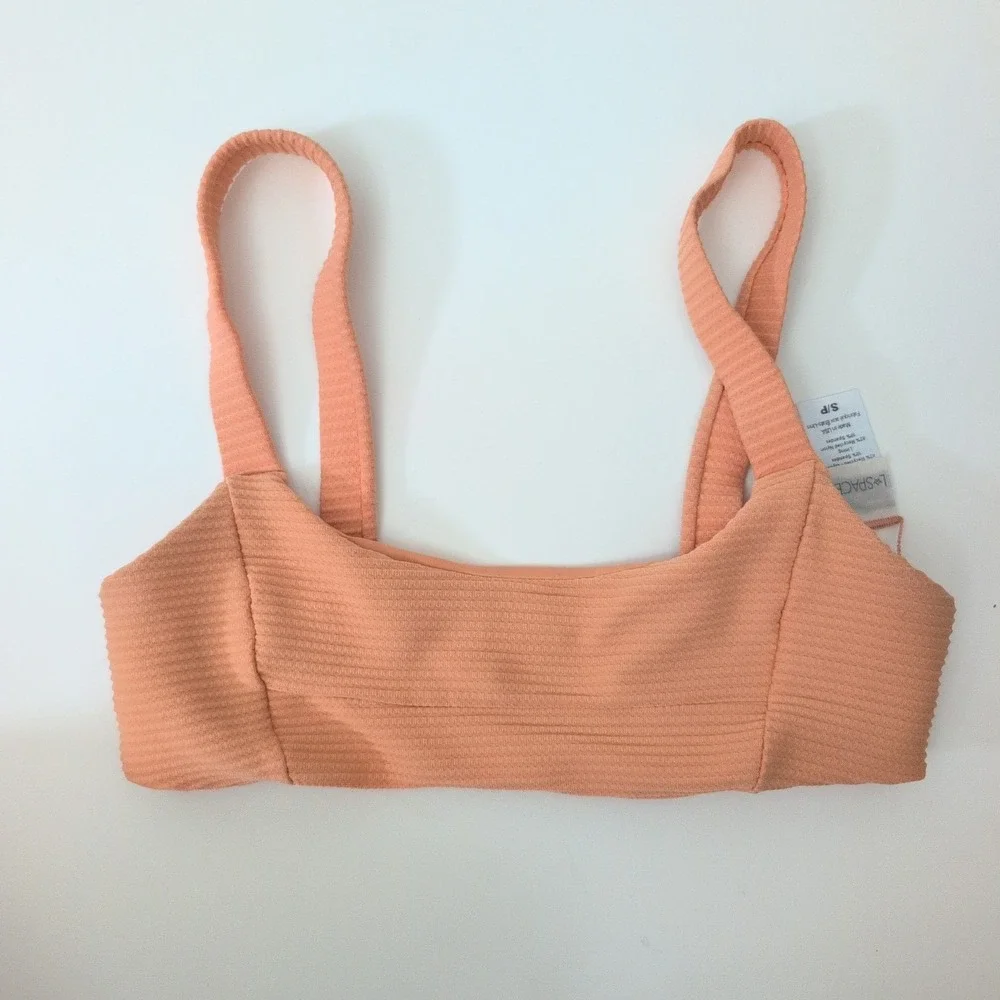L*Space Eco Chic Ribbed Square Neck Bikini Top Peach Jess Tangy Coral Size Small